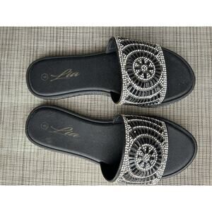 Liva Black Rhinestone Slide Sandals Women’s Size 6 | Flat Slip-On Shoes